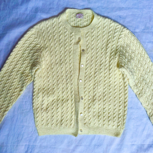 Handmade Sweaters - Vintage Women’s XS LS Handmade Cable Knit Button Up Sweater Pale Yellow